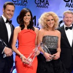 (L-R) Vocal Group of the Year award winners Jimi Westbrook, Karen Fairchild, Kimberly Schlapman, and Philip Sweet of Little Big Town pose in the press room during the 47th annual CMA awards at the Bridgestone Arena on November 6, 2013 in Nashville, United States. (Photo by Jason Davis/Getty Images)